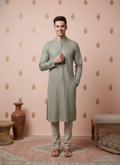 Sanwara Premium Parrot Green Chikankari Kurta Set for Mens With Contemporary Elegance