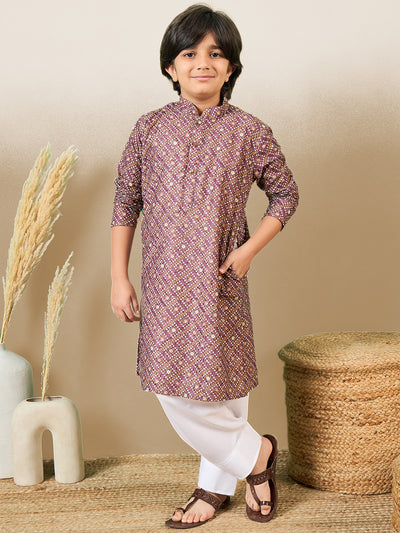 Sanwara's Printed Purple Kurta Set with Sequins for Boys