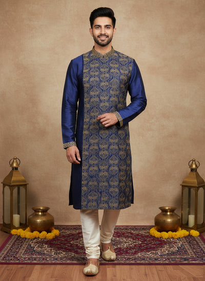 Sanwara Premium Kolkata Thread Work Jacquard Ethnic Touch Deep Blue Kurta for Men