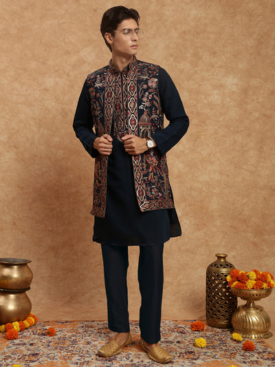 Sanwara Men's Solid Navy Blue Kurta and Floral Jacket Set Designed for the Modern Look