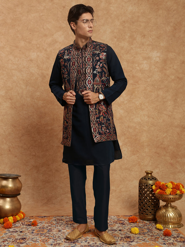 Sanwara Men's Solid Navy Blue Kurta and Floral Jacket Set Designed for the Modern Look