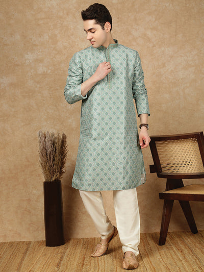 Sanwara Heritage Parrot Green Men’s Jaquard Floral Printed Kurta Set