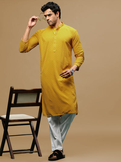 Men's Designer Solid Mustard Chikankari Kurta