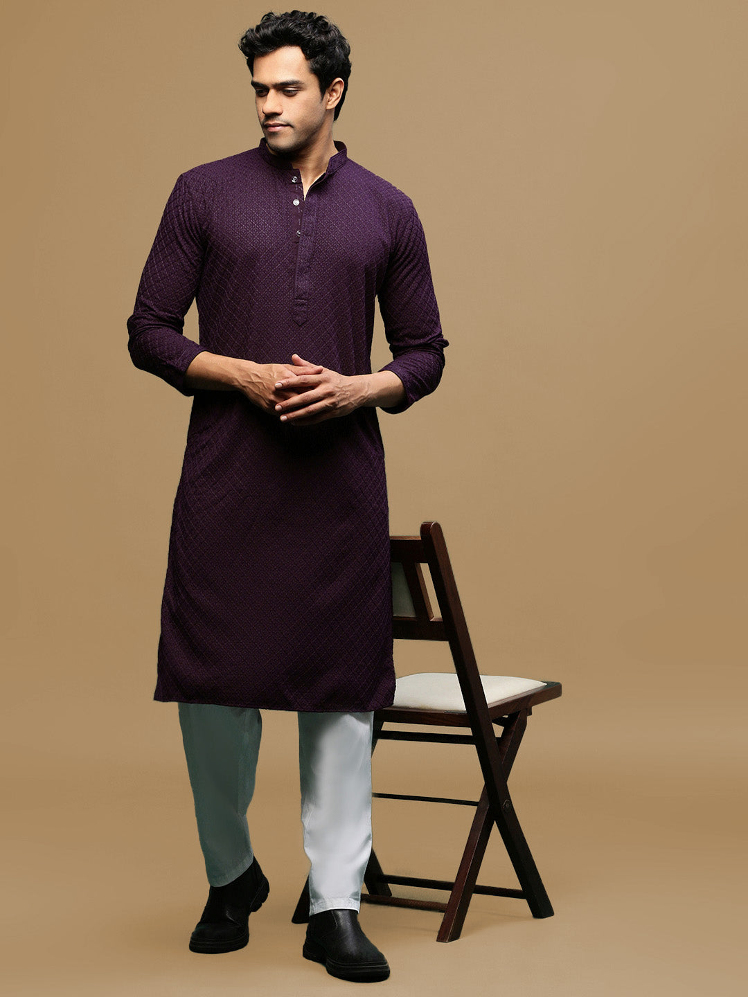 Men's Designer Solid Purple Chikankari Kurta