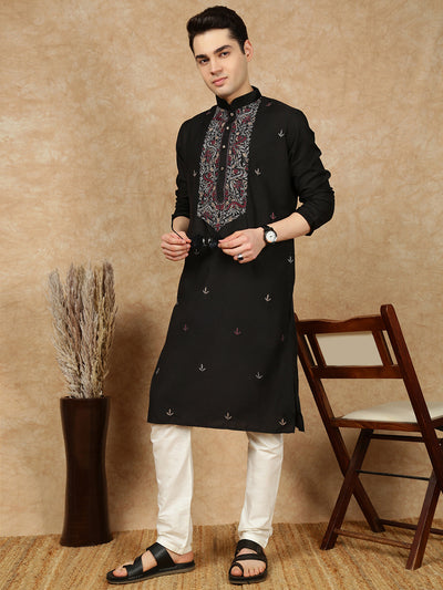 Sanwara Men’s Black Front Katha Stitch Work Cotton Kurta Set