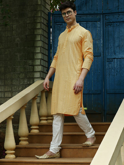 Sanwara Men's Solid Light Yellow Chikankari Designer Cotton Kurta With Pyjamas