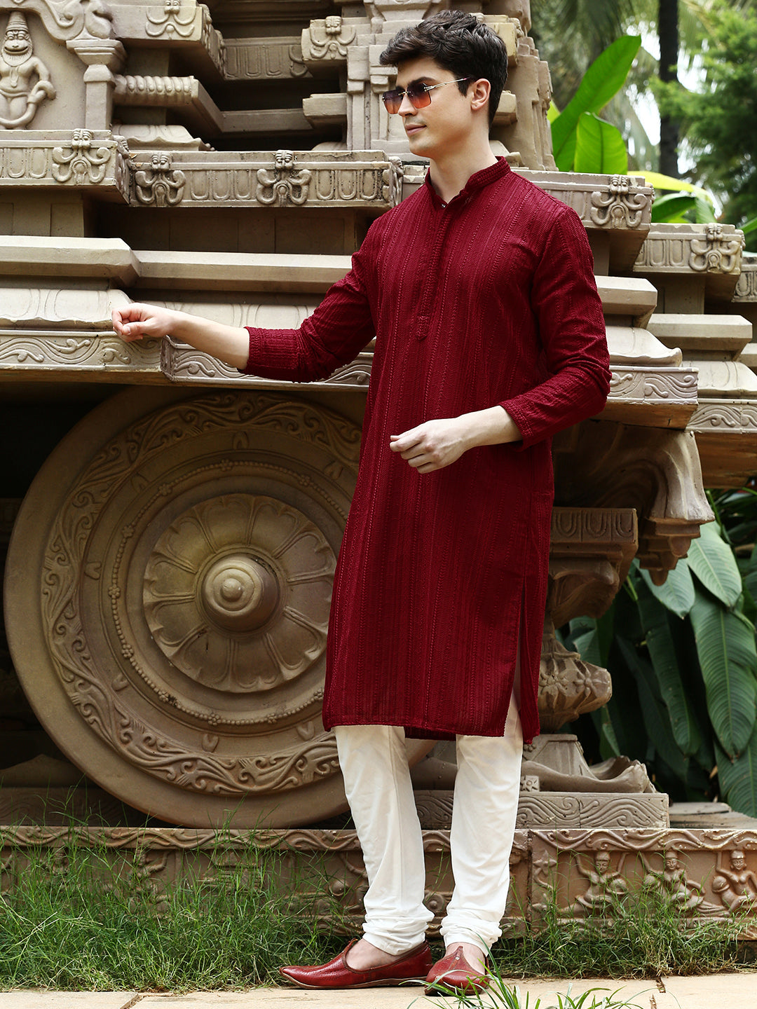 Sanwara Men's Solid Maroon Chikankari Designer Cotton Kurta With Pyjamas