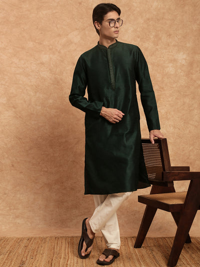 Men's Stylish Deep Green Solid Traditional Silk Kurta Set by Sanwara