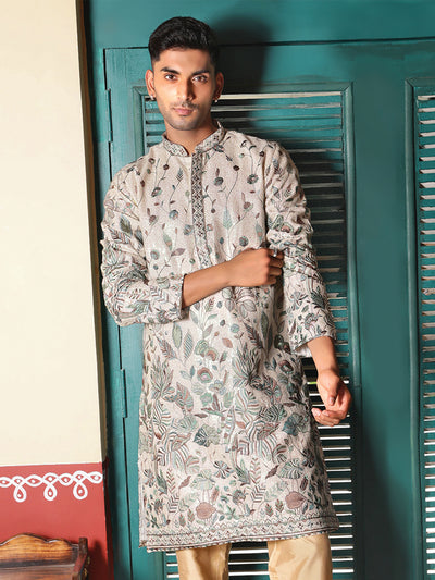 Sanwara Green Printed With Sequins Detailing Work Designer Kurta For Men's