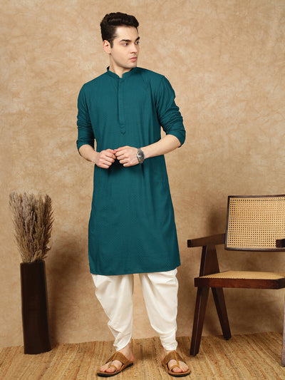 Sanwara Solid Chikankari Rayon Firozi Kurta Set for Men