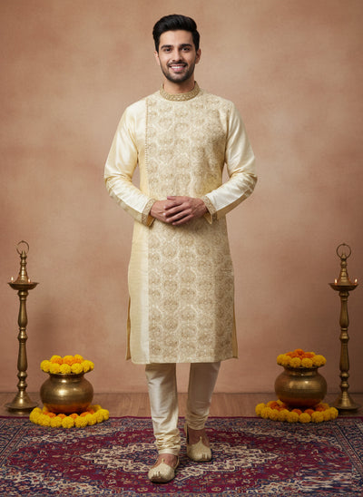 Sanwara Premium Kolkata Thread Work Jacquard Ethnic Touch Beige Kurta for Men
