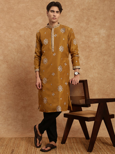 Men's Stylish Mustard Trendy Embroidered Silk Kurta Set by Sanwara