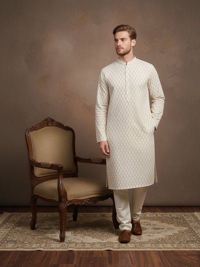 Sanwara Classic Cotton White Floral Printed Kurta for Men