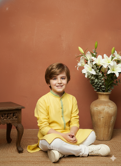 Sanwara Silk Blend Yellow Kurta Set for Boys