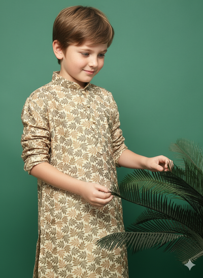 Sanwara Brown Cotton Printed Kurta Set for Boys