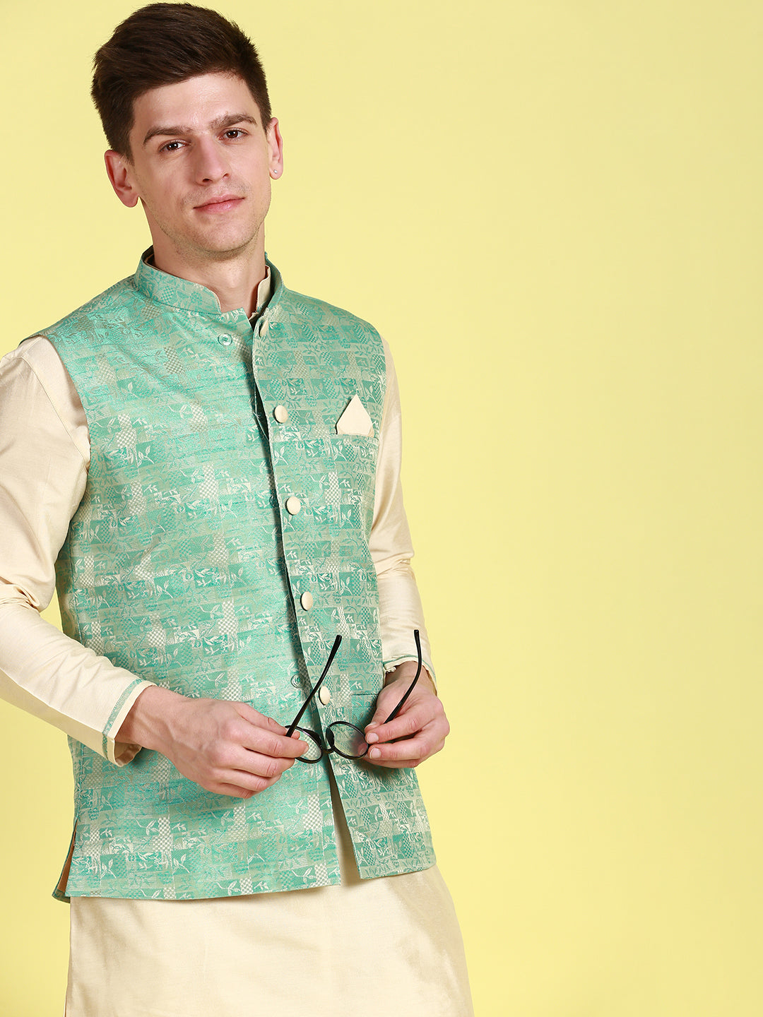 Cotton Kurta Pajama with Nehru Jacket White & Light Green –  folkcultureclothing
