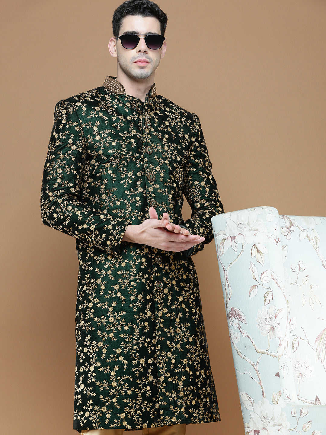 Exquisite Deep Green Velvet Floral Embroidered Men's Sherwani with Payjama Pant