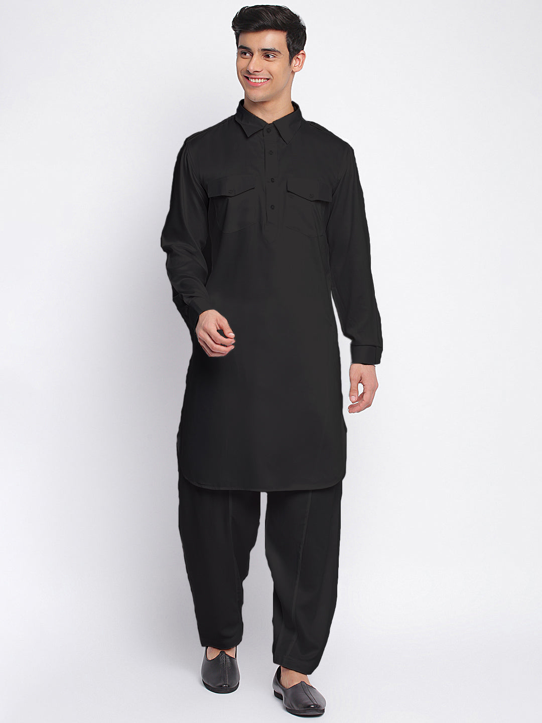 Sanwara Men Black Cotton Solid Pathani Set Sanwara Fashions