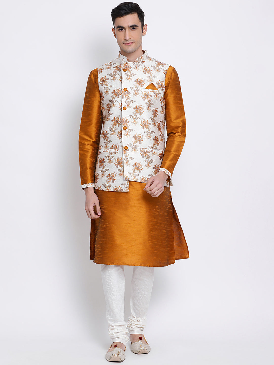 Men's Orange plain Kurta with OFF-White Nehru Jacket and Off White Pyjama Set