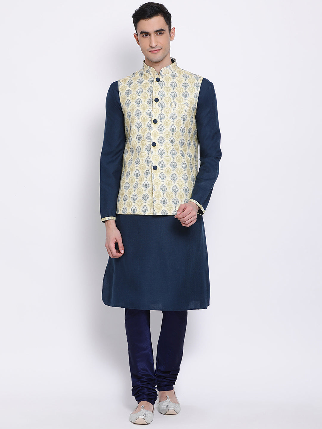 Buy Light Green Silk Nehru Jacket with Navy Blue Kurta Set for Men