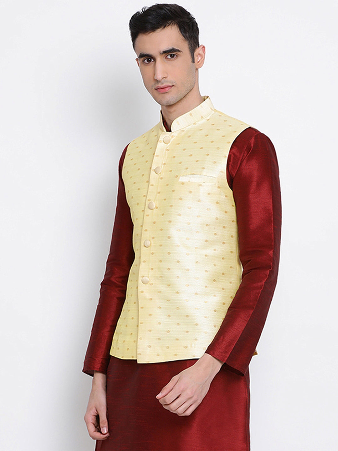 Jacquard Silk Gold Nehru Jackets -