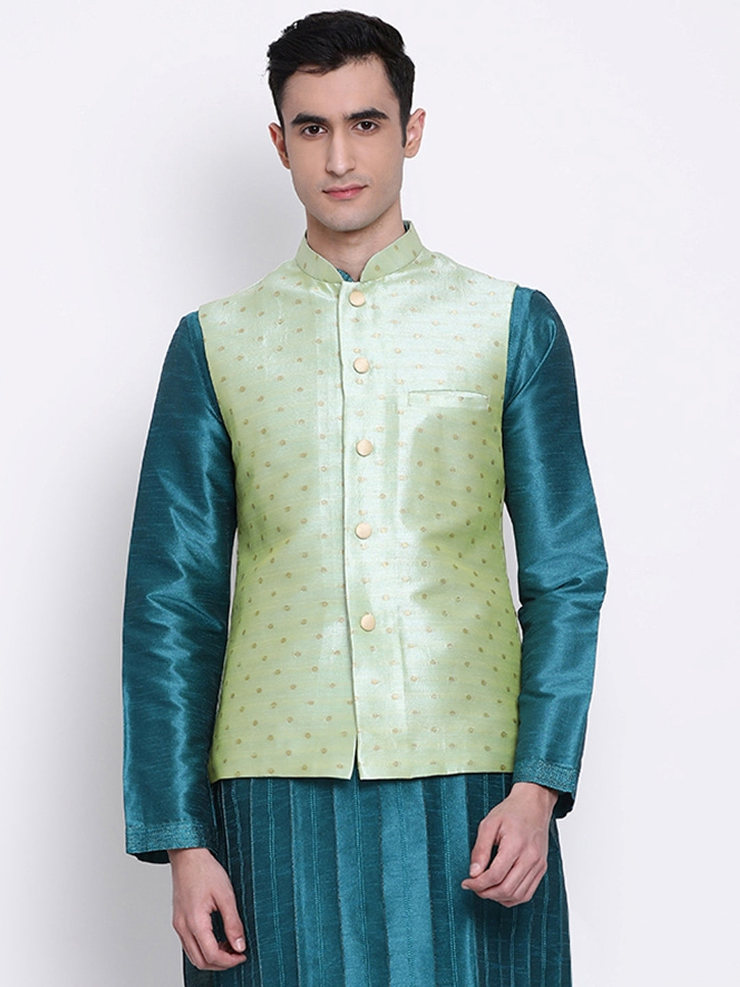Men Light Green Woven Design Nehru Jacket Sanwara Fashions